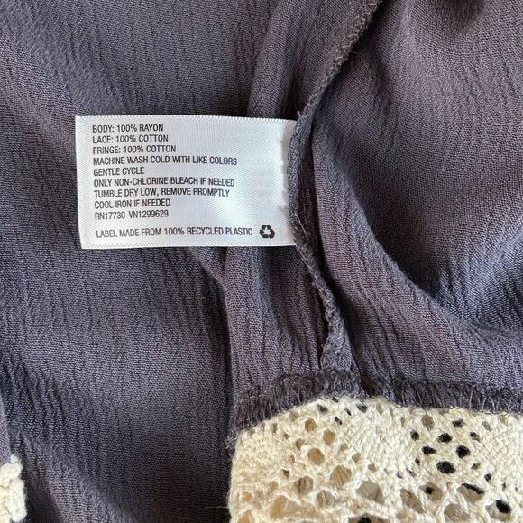 Weavers Open Front Cardigan Women Size S Gray Cream Fringe Crochet Boho Kimono - Picture 10 of 12